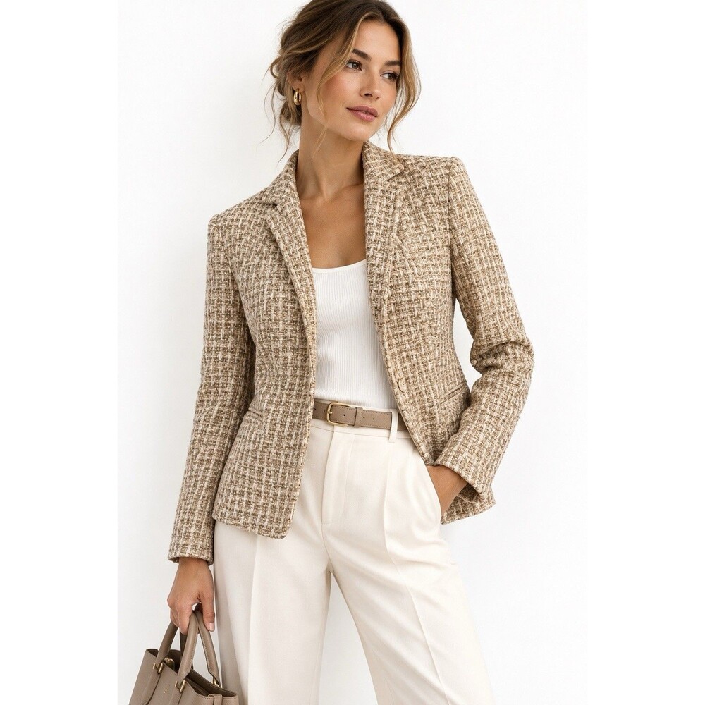 Talbots Italian Fabric Gold Beige Tweed Blazer Jacket 12 Quiet Luxury Career